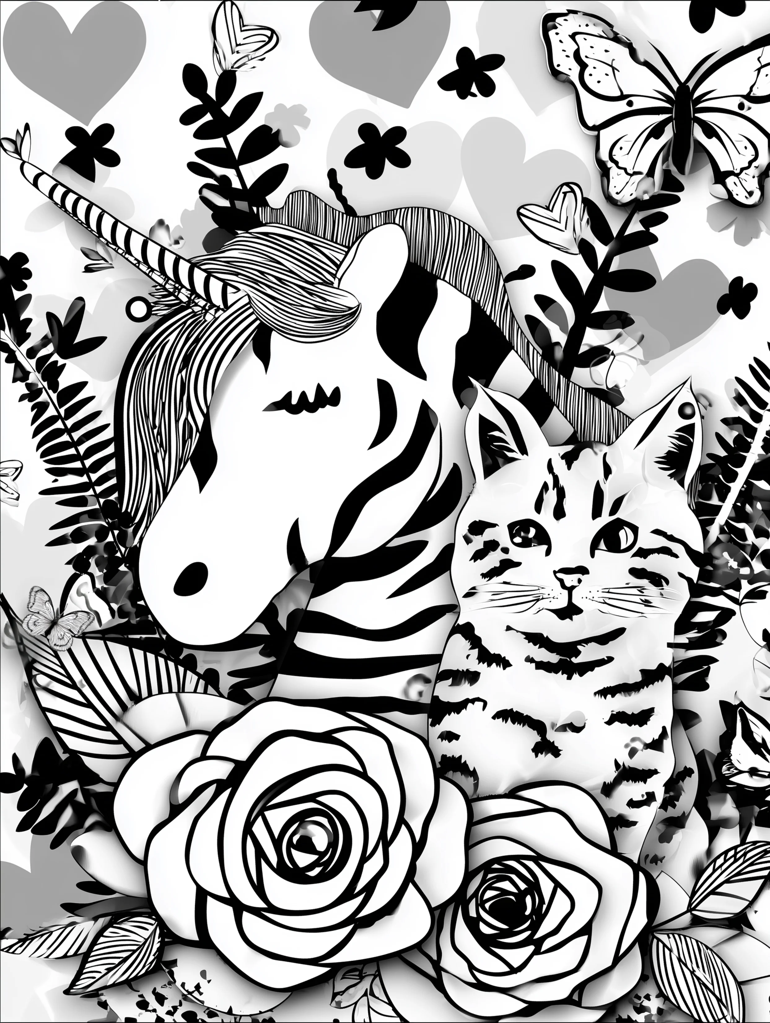 Free printable unicorn coloring page for adults featuring a cat beside a unicorn